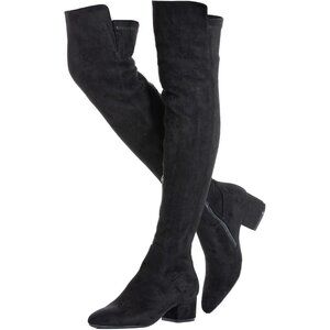 Women Black/2 Inch Heel Faux Suede Over The Knee Thigh High Low Block Heel Boot